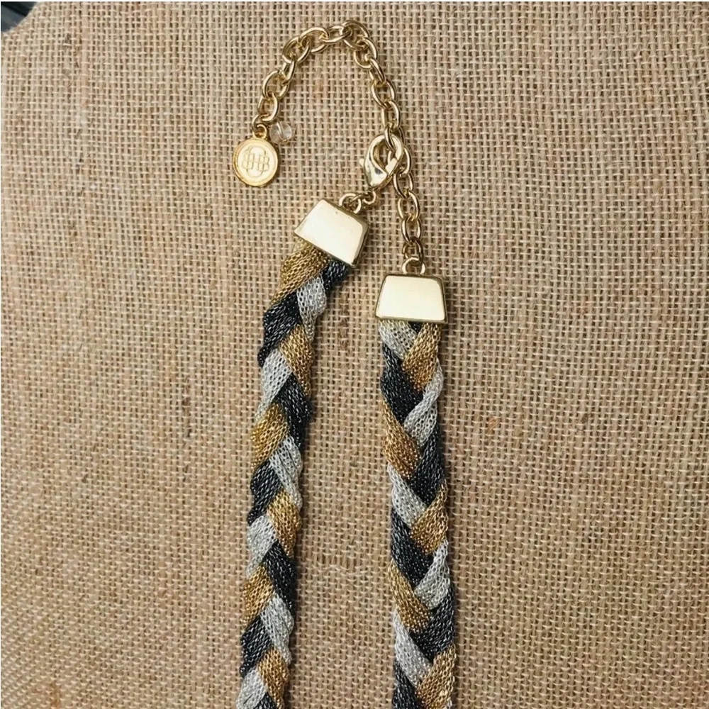 Dana Buchman Tri-Tone Braided Mesh Statement Necklace Gold Silver Gunmetal Tone